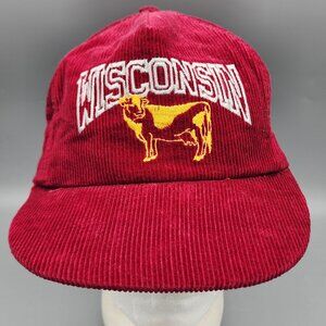 Vintage Wisconsin Corduroy Snapback Hat Red Gold Cow Made in USA